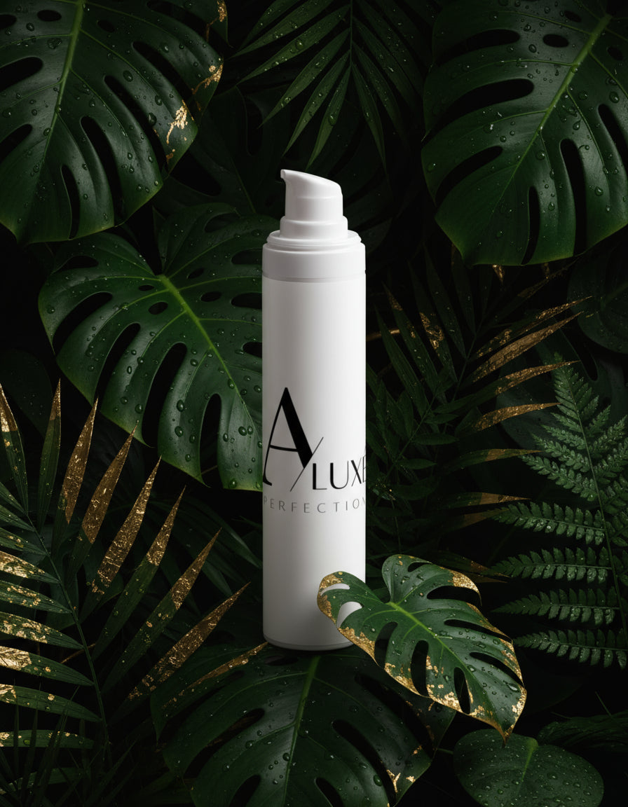 Skincare bottle with 'A'lux' branding on a white surface with greenery in the background
