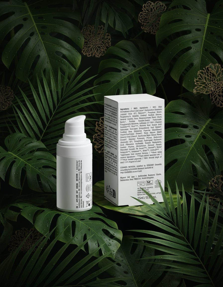 Skincare bottle with 'A'lux' branding on a white surface with greenery in the background