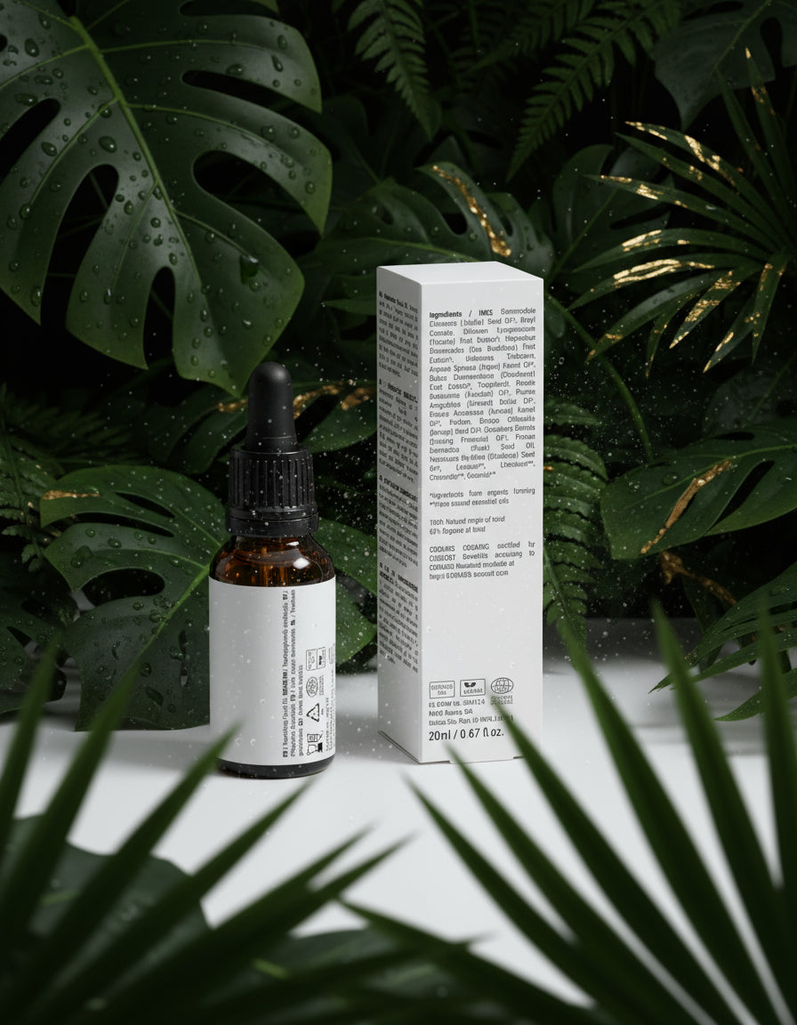 Bottle of liquid with dropper and its packaging on a white background