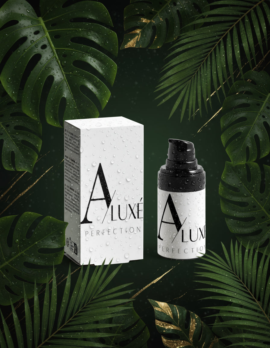 Skincare bottle with 'A'lux' branding on a white surface with greenery in the background