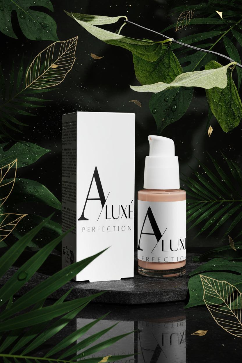 Skincare bottle with 'AluxePerfection branding on a white surface with greenery in the background

