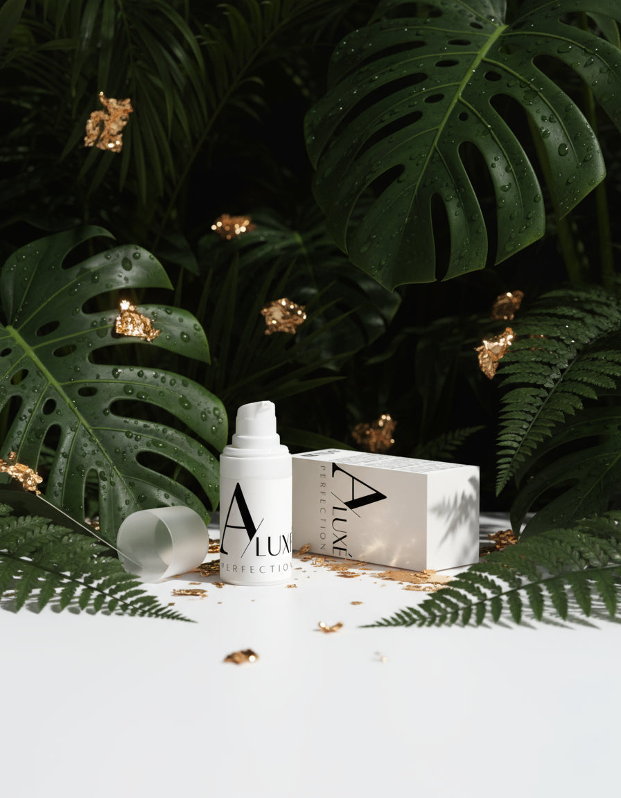 Skincare bottle with 'A'lux' branding on a white surface with greenery in the background