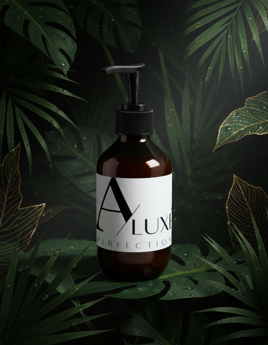 Brown bottle with black pump and white label on a light gray background