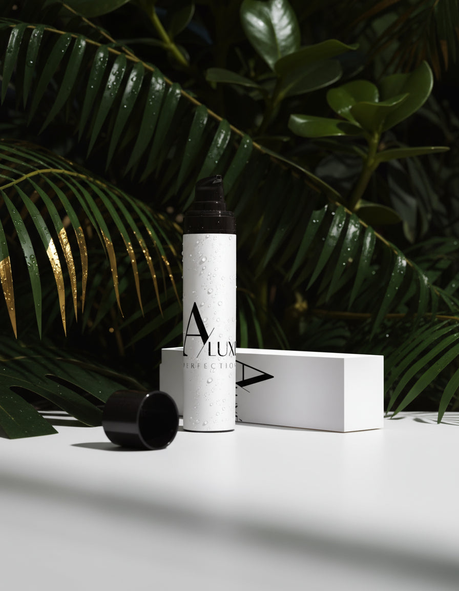 Skincare bottle with cap on a white surface with greenery in the background