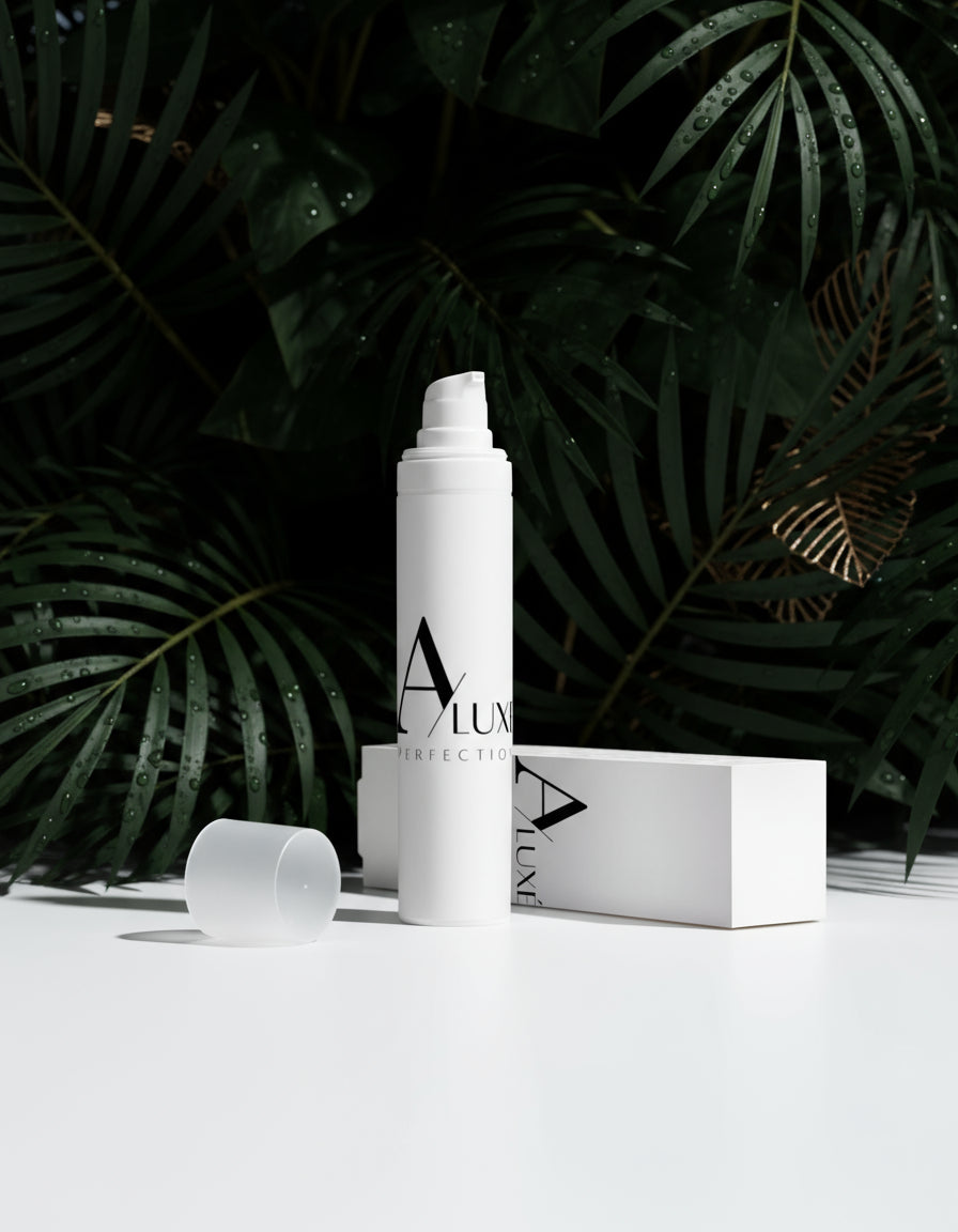 Skincare bottle with 'A'lux' branding on a white surface with greenery in the background
