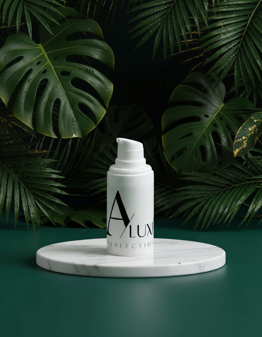 White skincare bottle with black logo on a light gray background