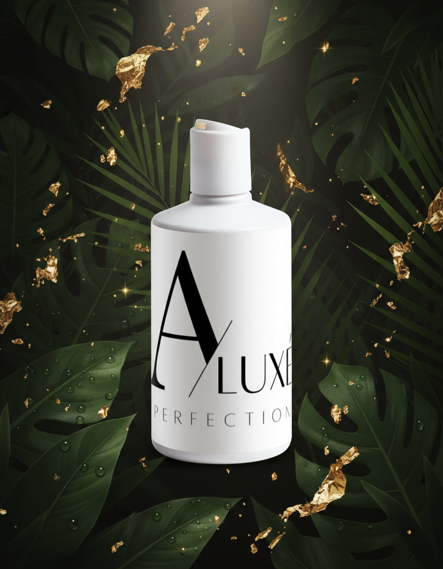 White bottle with 'ALUXE' branding on a light gray background
