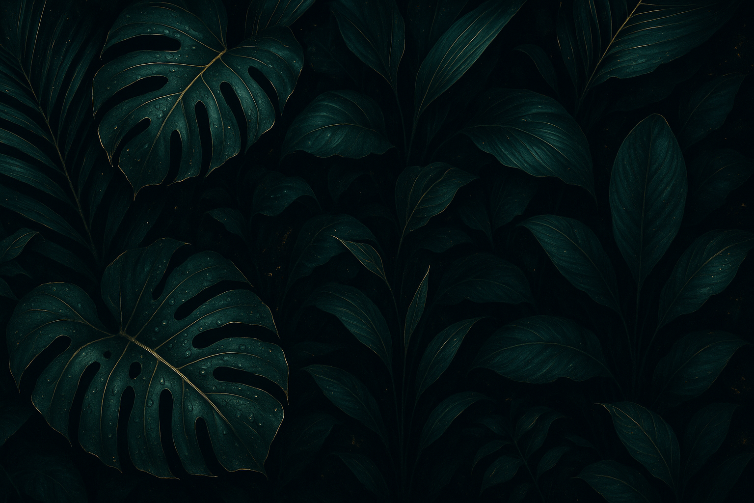 Dark botanical background with lush leaves, moisture droplets, and elegant gold foil details. Ultra-sharp 4K luxury spa atmosphere
