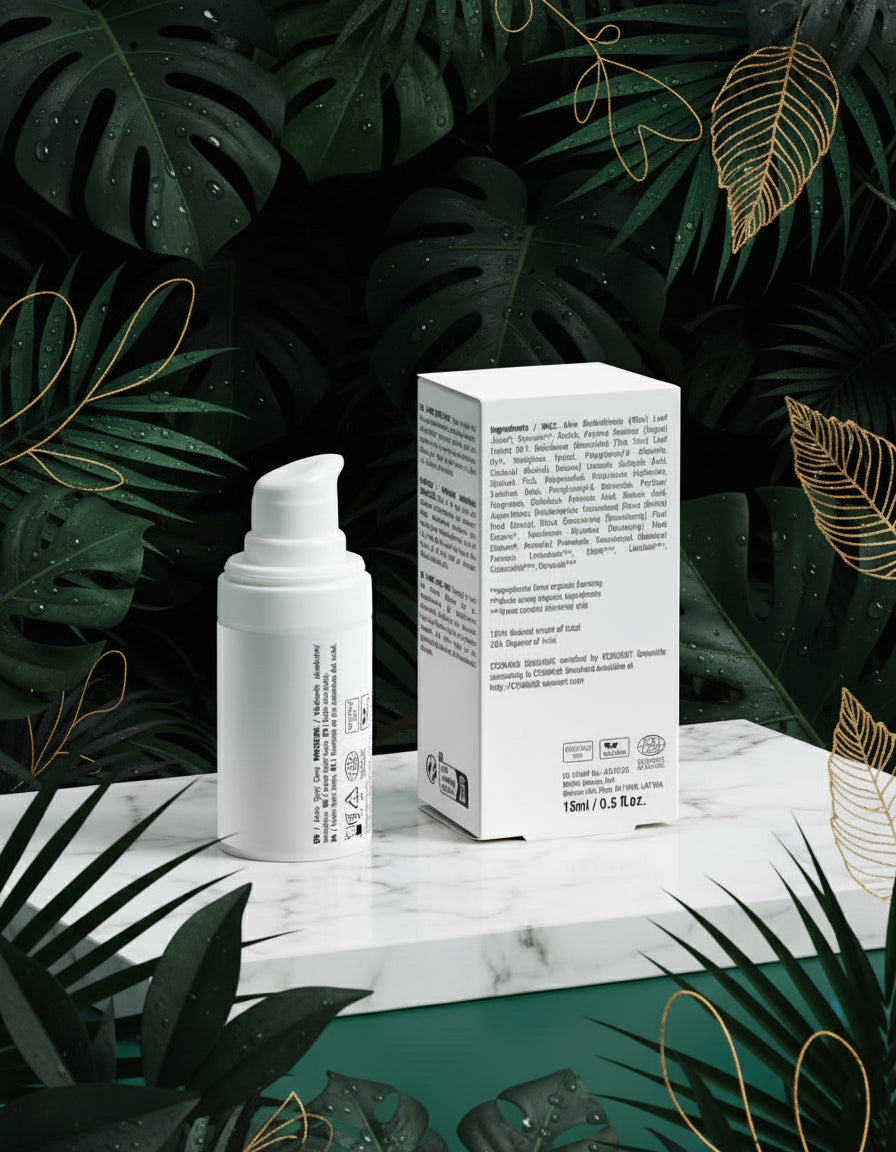 White skincare bottle and box on a light gray background