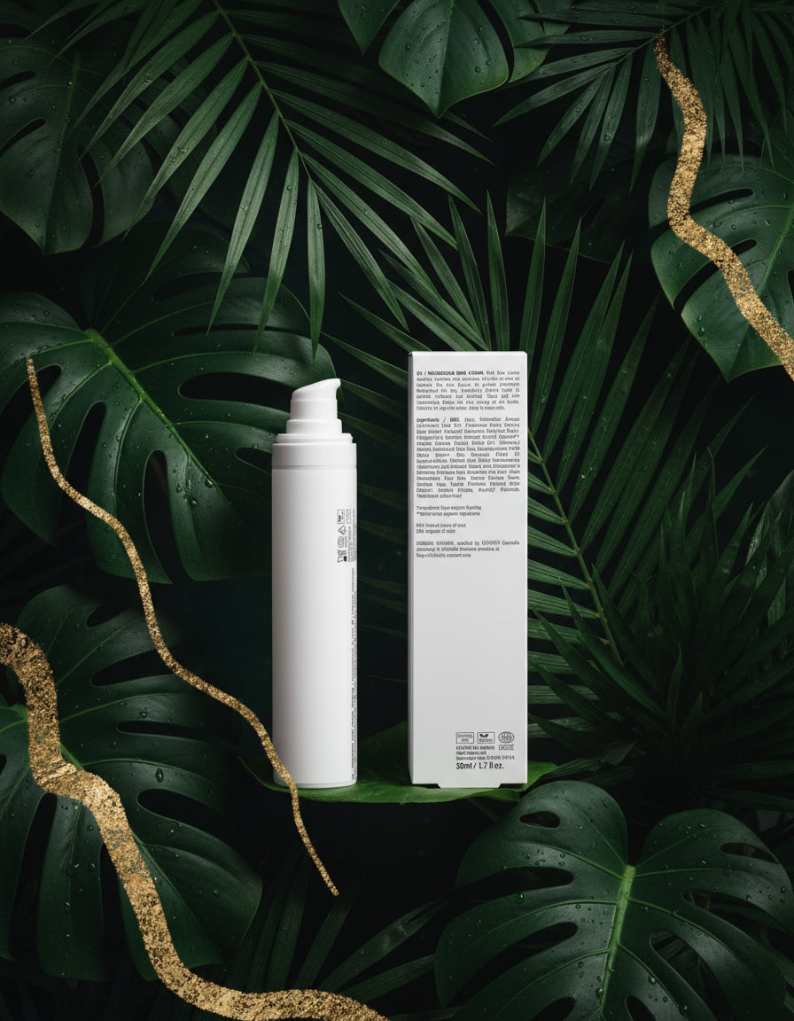 Skincare bottle with 'A'lux' branding on a white surface with greenery in the background
