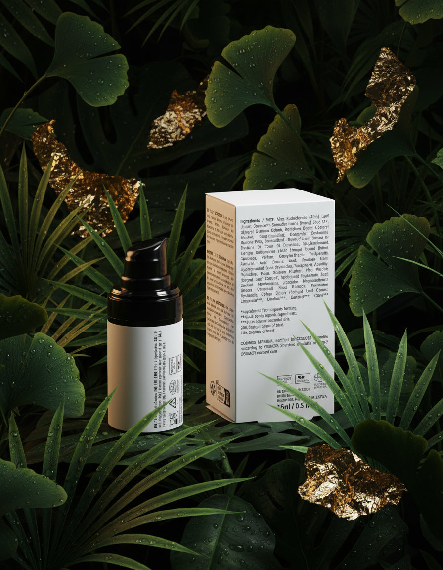 Skincare bottle with 'AluxePerfection branding on a white surface with greenery in the background