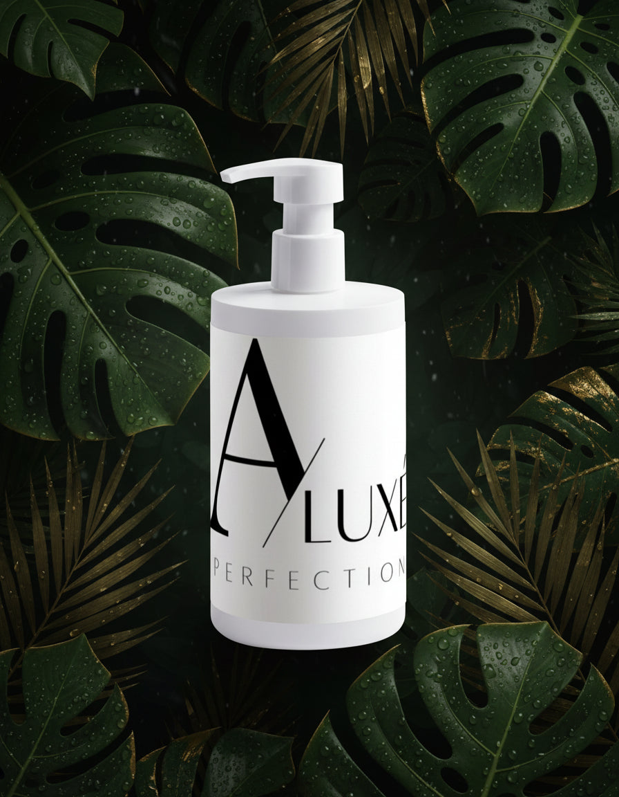 White bottle with pump labeled 'A Luxe Perfection' on a green and gold abstract background