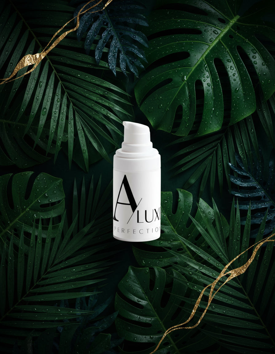 Skincare bottle with 'A'lux' branding on a white surface with greenery in the background