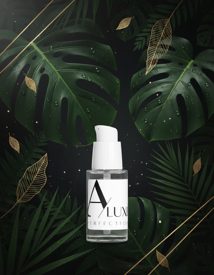 Skincare bottle with 'A'lux' branding on a white surface with greenery in the background