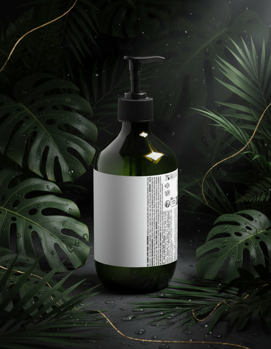 Green bottle with pump dispenser on a white background