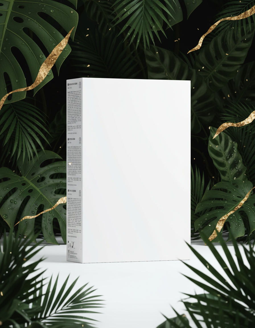 Skincare bottle with 'AluxePerfection branding on a white surface with greenery in the background
