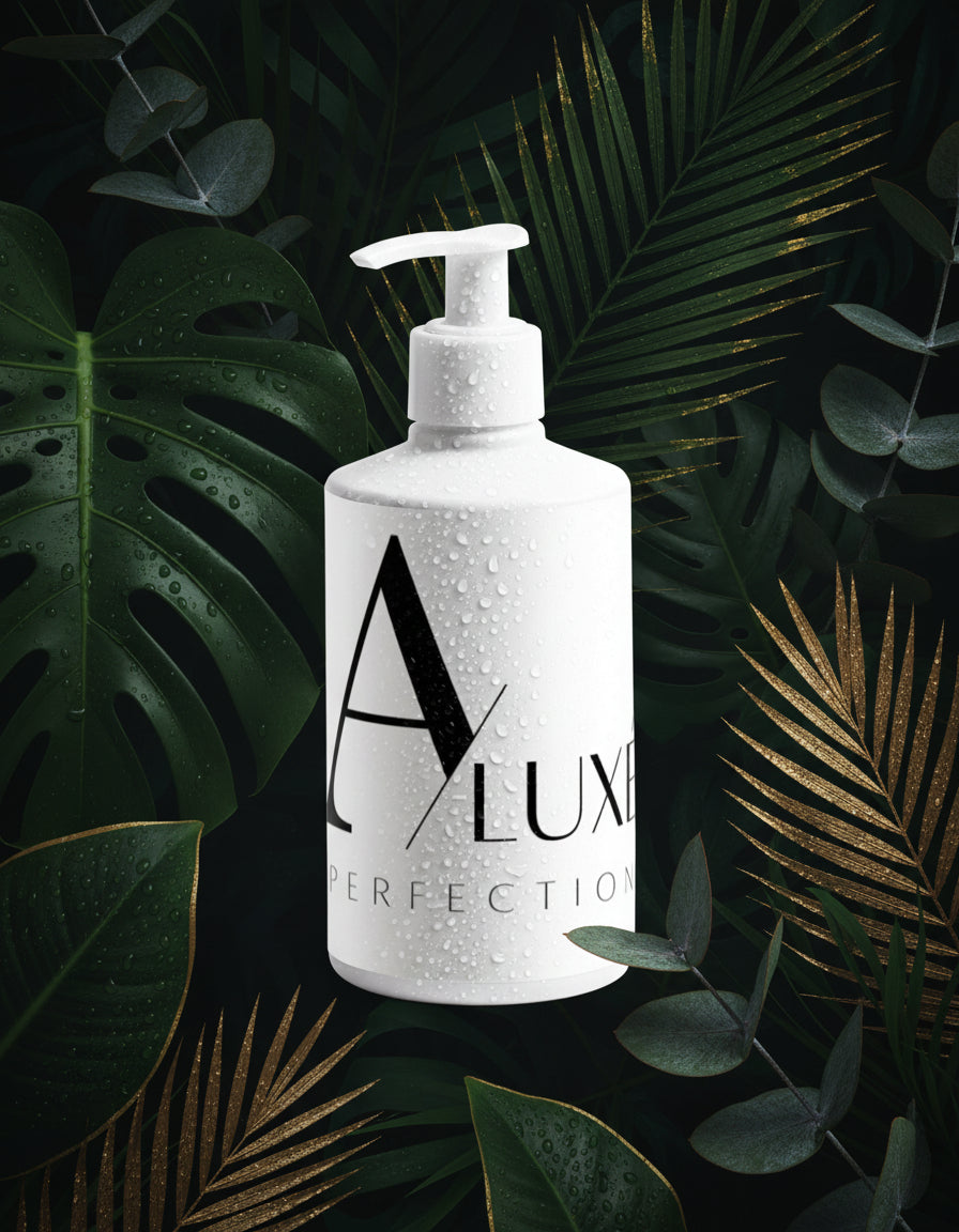 White bottle with 'ALUXI' branding on a green marble background