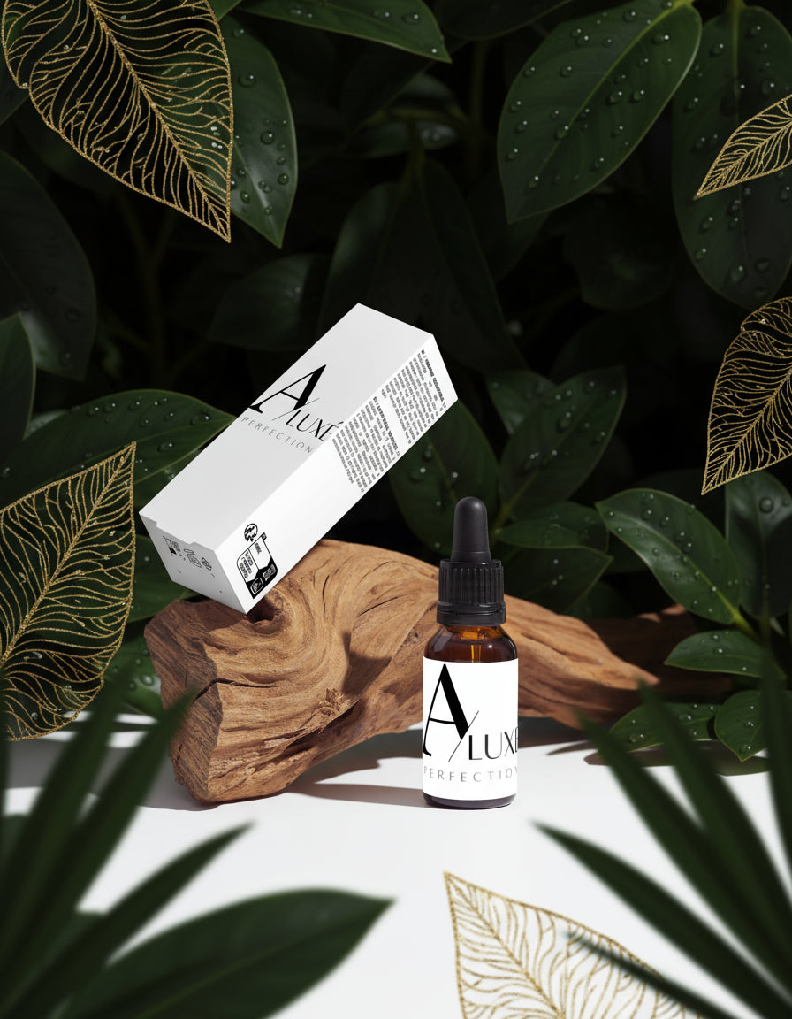 A bottle and tube of Alum skincare products on a white surface with a natural wood block and greenery.