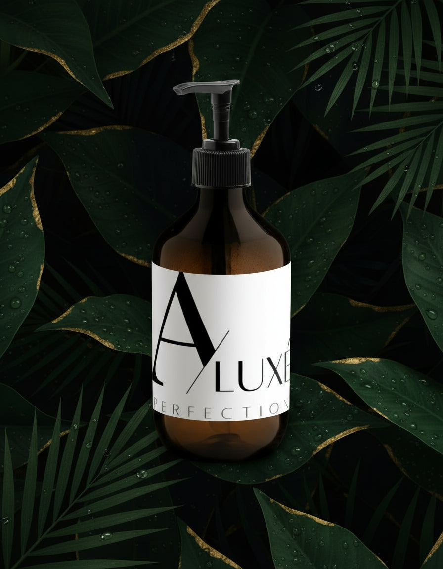 
Skincare bottle with 'AluxePerfection branding on a white surface with greenery in the background
