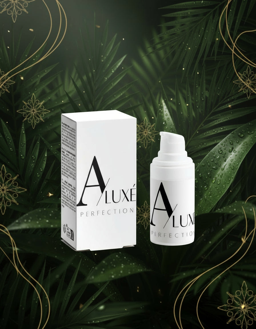 Skincare bottle with 'A'lux' branding on a white surface with greenery in the background