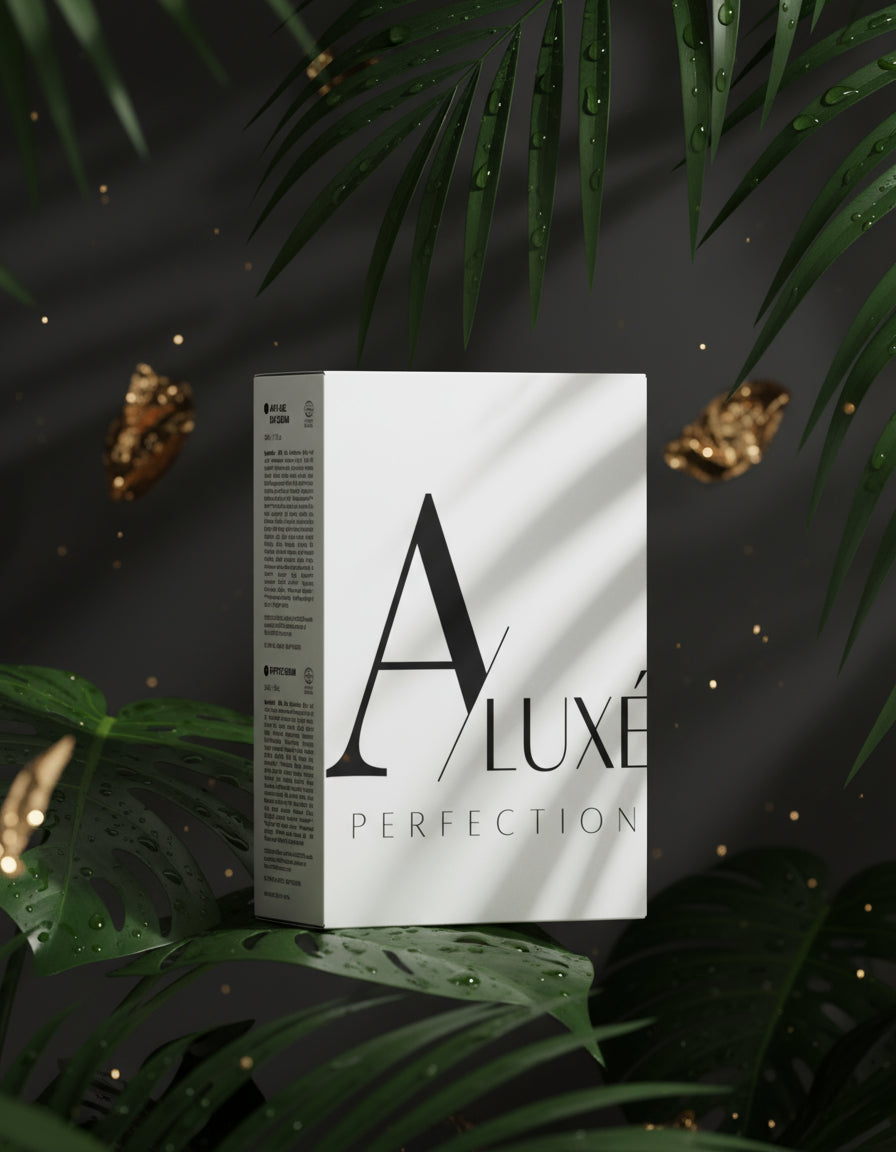 Skincare bottle with 'A'lux' branding on a white surface with greenery in the background