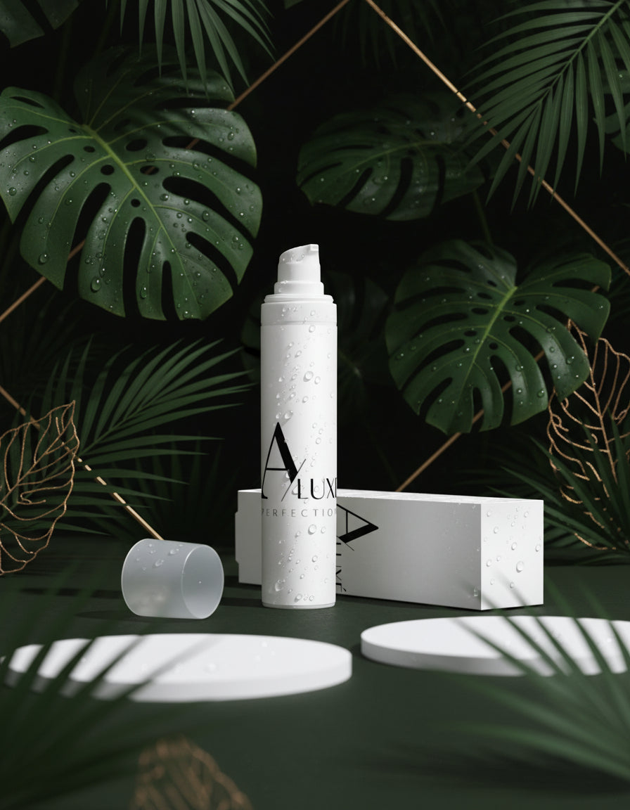 White skincare product with 'Alux' branding on a white surface with greenery in the background