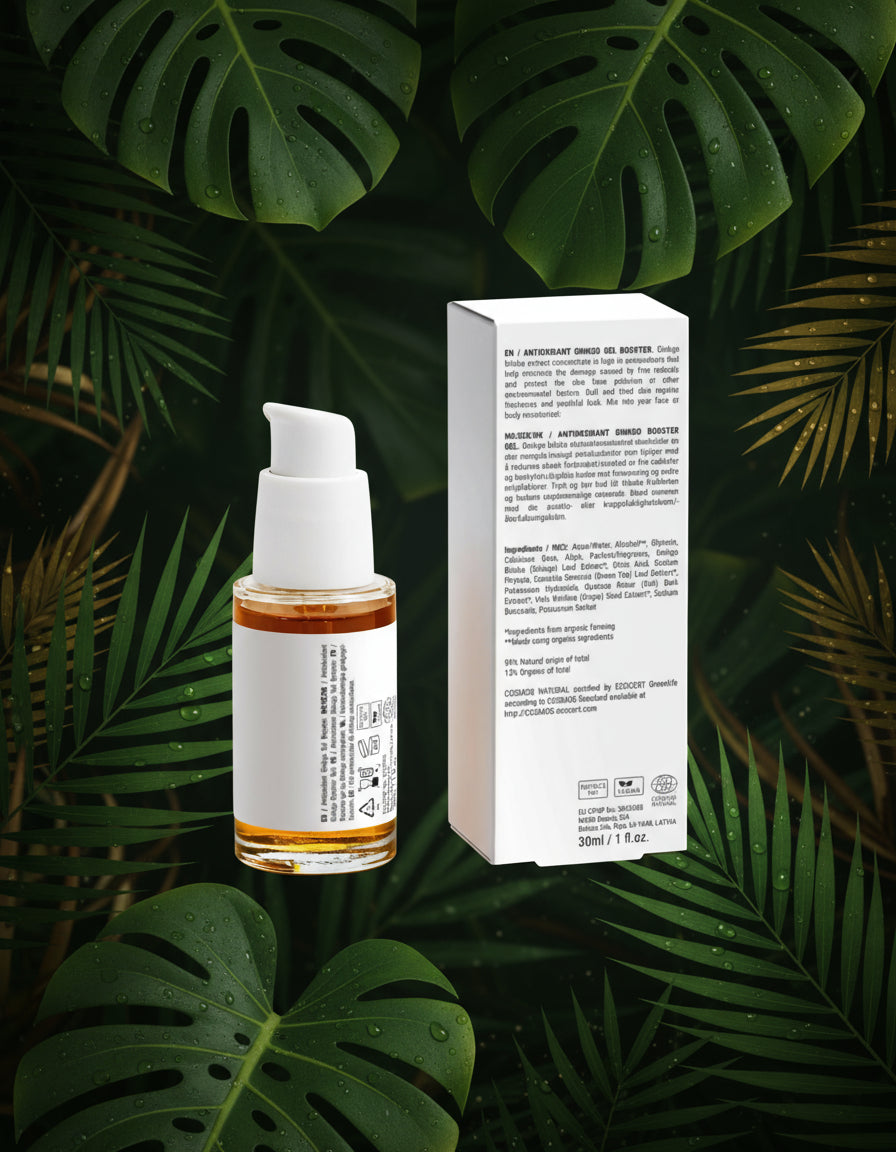 Skincare bottle with dropper and its packaging on a white background