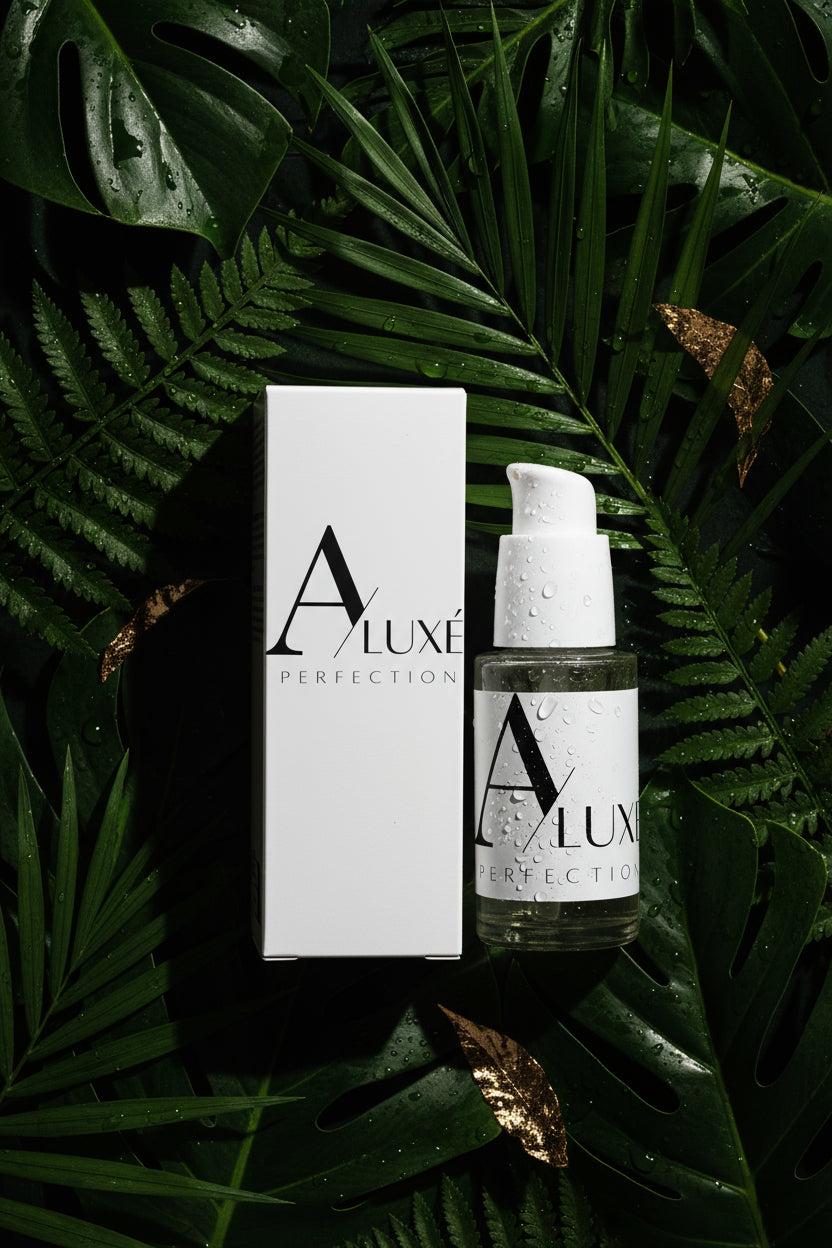 A'Luxé skincare bottle and packaging on a light background with leaves.