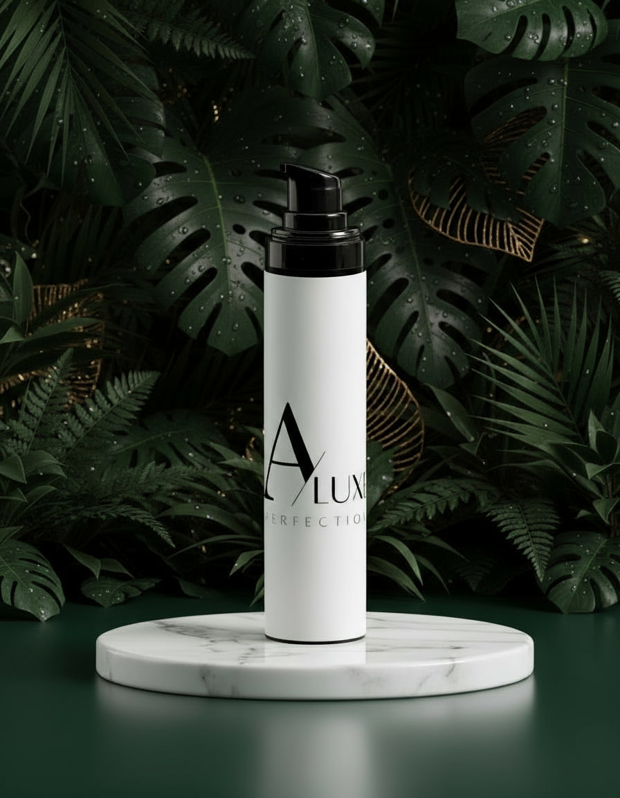 Skincare bottle with 'A'lux' branding on a white surface with greenery in the background