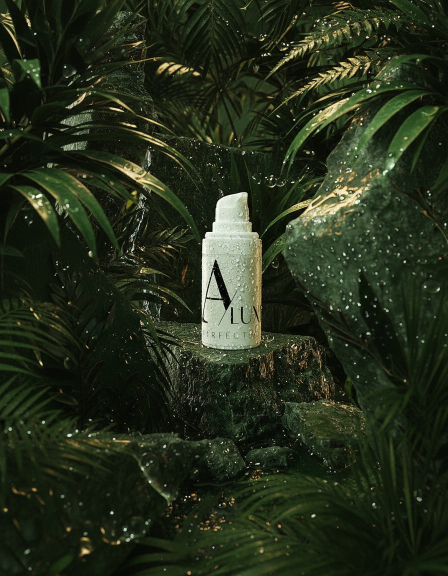 Skincare bottle with 'Avalon' branding on a green rocky background