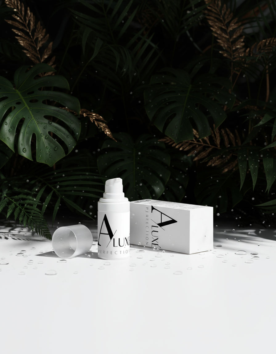 White skincare bottle and box with 'Aluma' branding on a white background