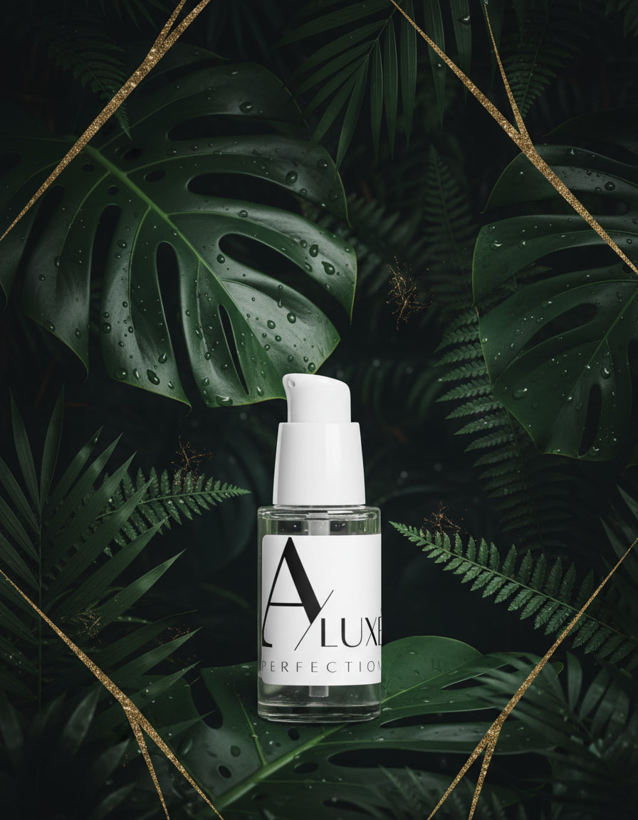 Skincare serum bottle with 'ALUN' branding on a light gray background