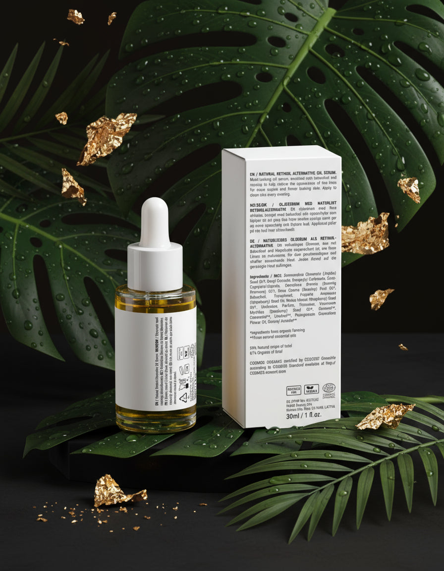 Skincare bottle with 'A'lux' branding on a white surface with greenery in the background
