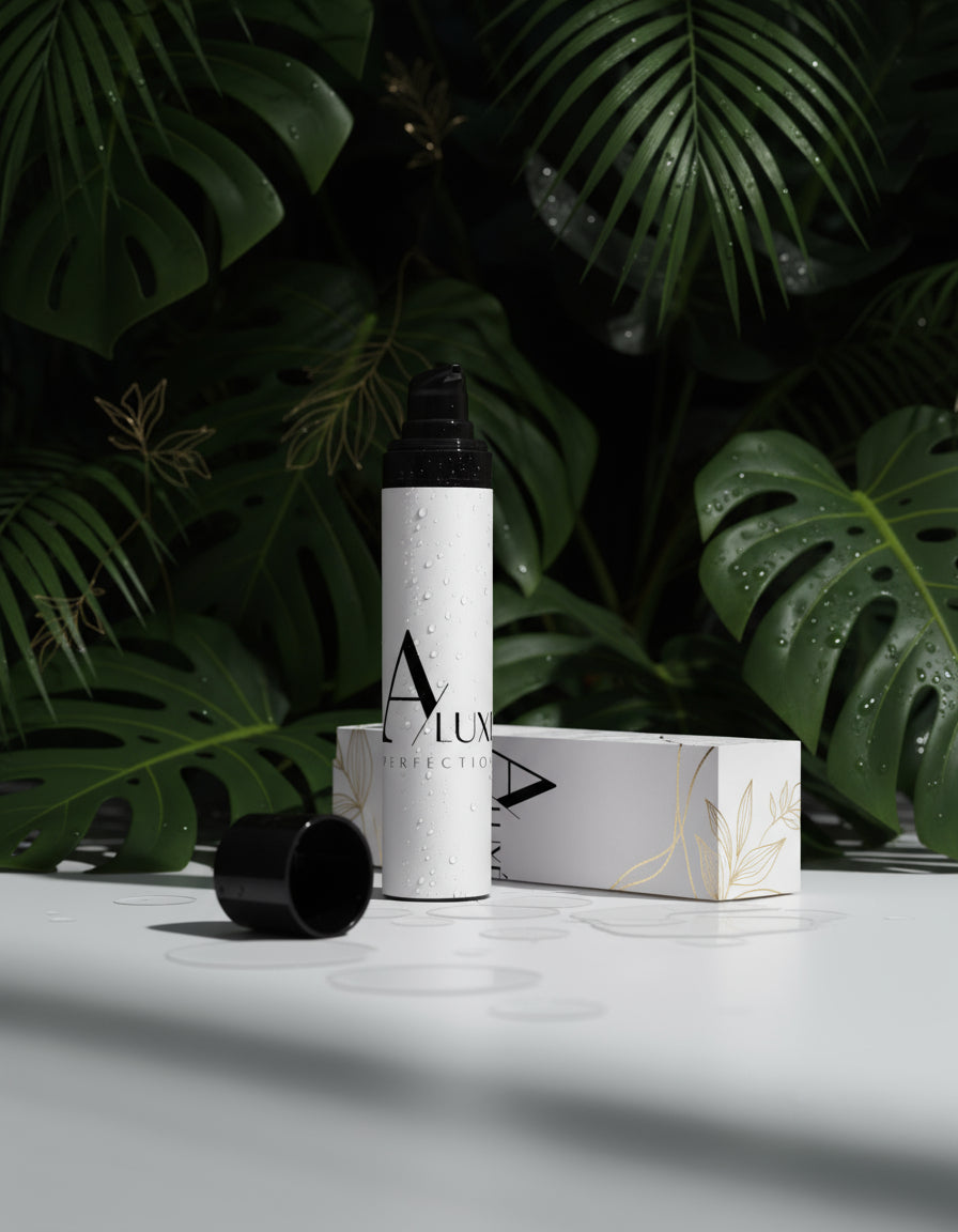 Skincare bottle with 'A'lux' branding on a white surface with greenery in the background