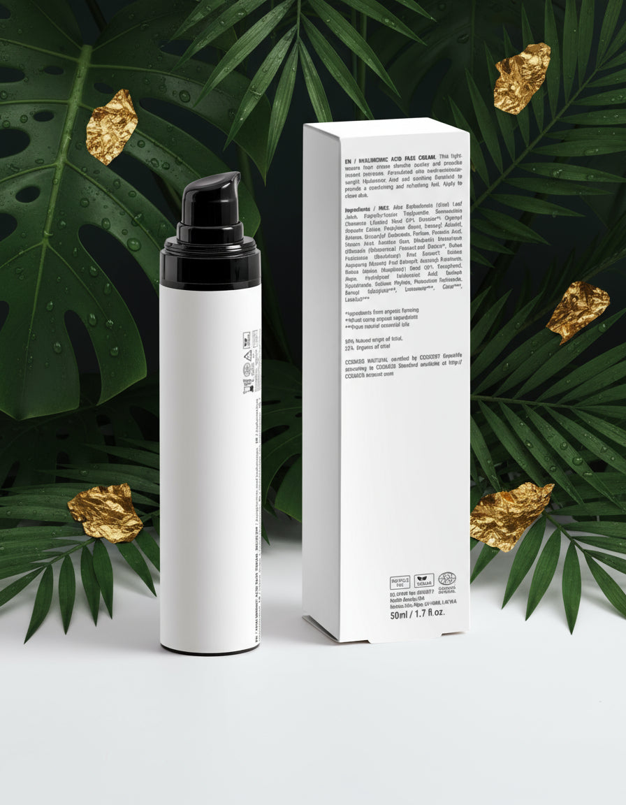Skincare bottle with 'A'lux' branding on a white surface with greenery in the background