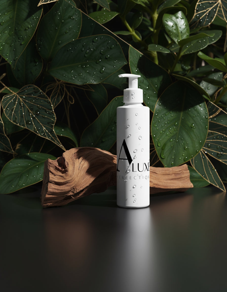White bottle with 'A Luxe' branding on a light surface with natural elements.