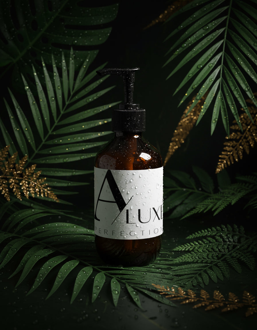 Brown bottle with black pump and white label on a light gray background