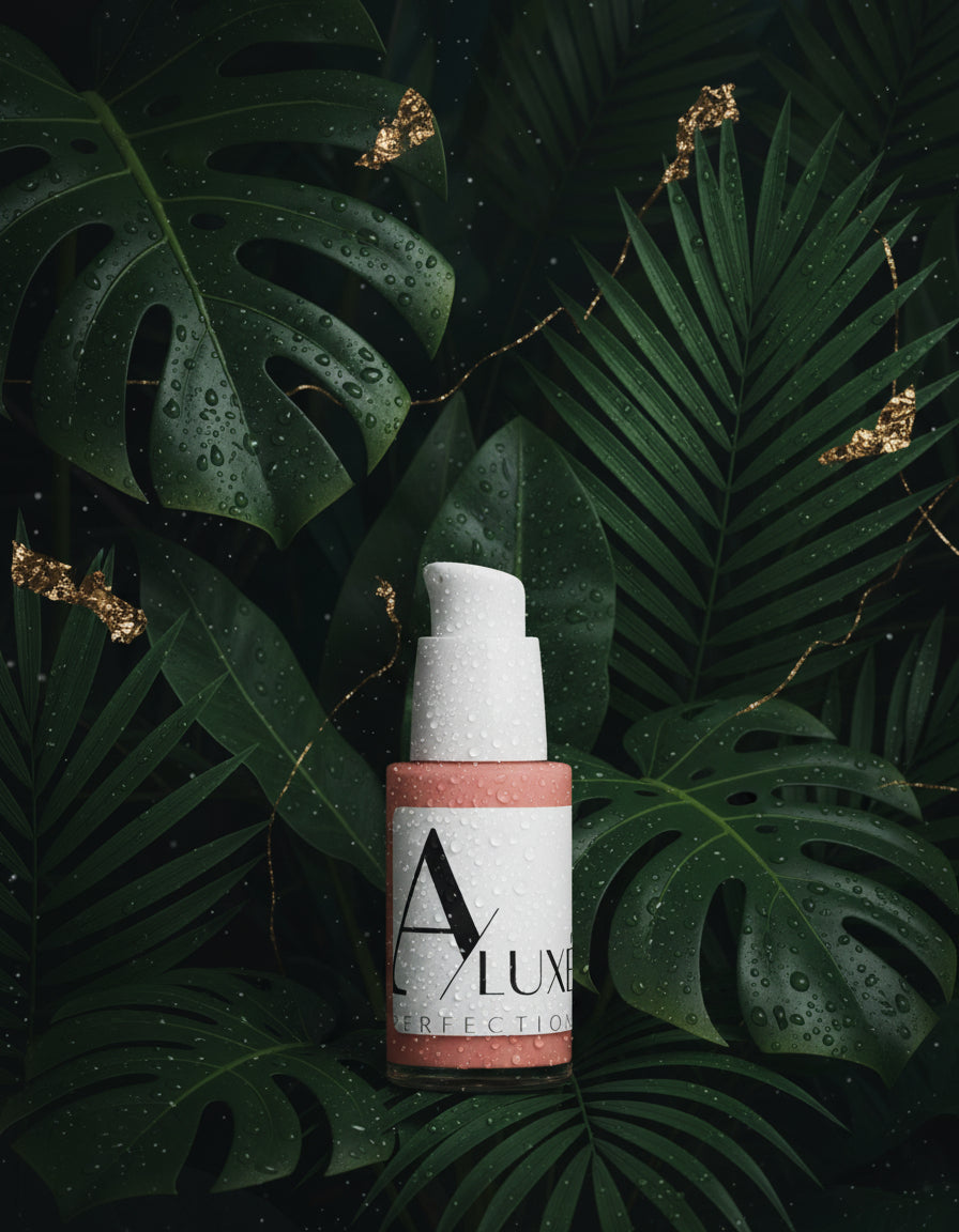 Skincare bottle with 'A'lux' branding on a white surface with greenery in the background