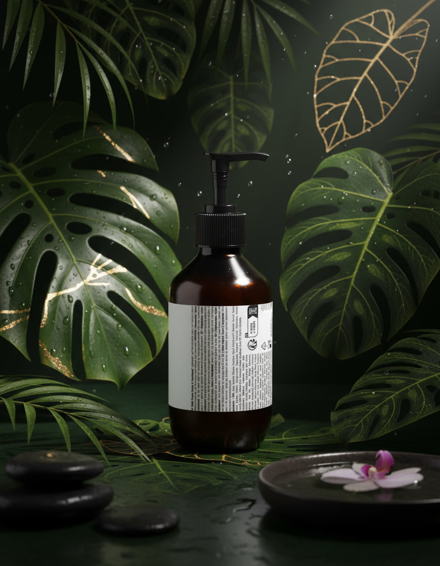 Brown bottle with black pump and white label on a light gray background