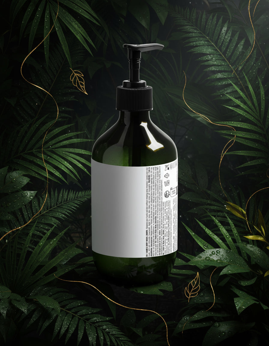 Green bottle with pump and white label on a light gray background