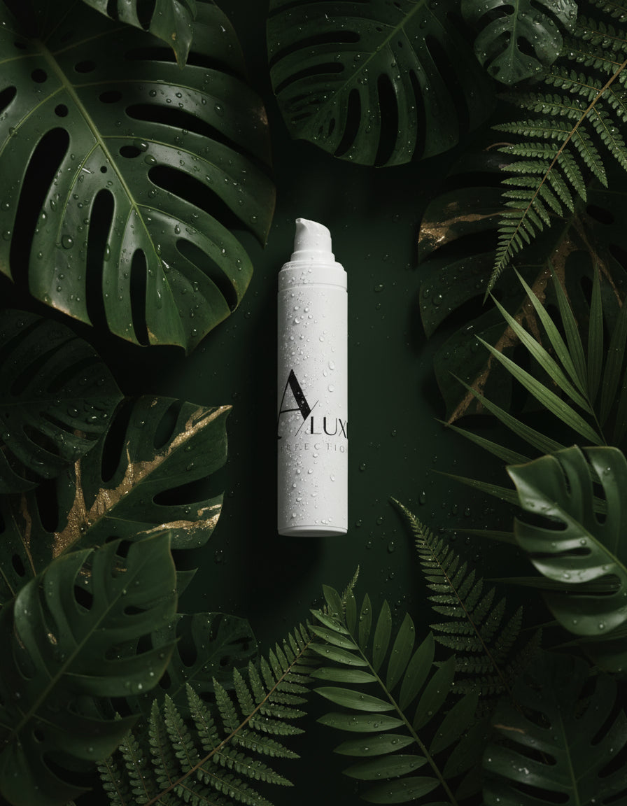 Skincare bottle with 'AluxePerfection branding on a white surface with greenery in the background
