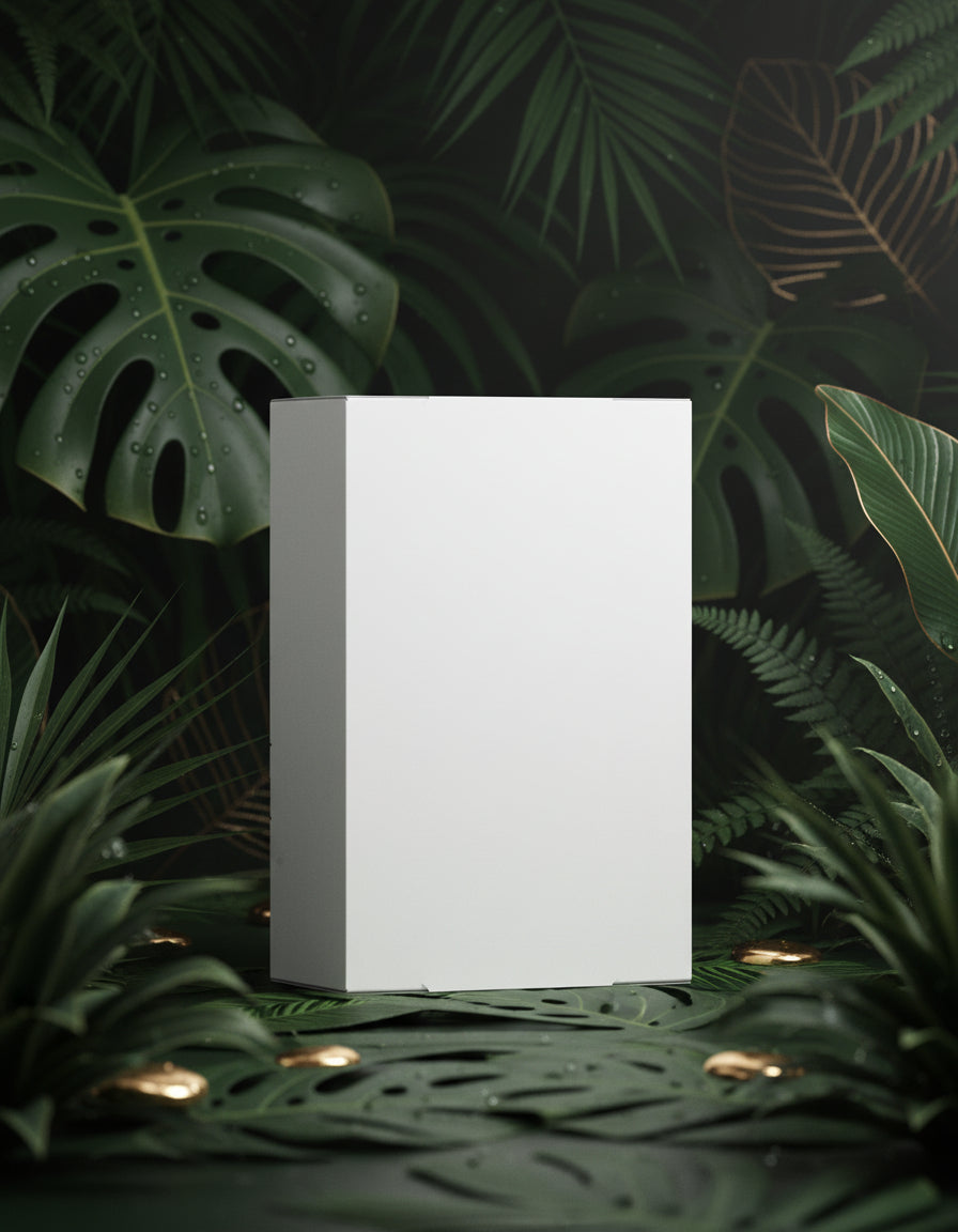 Skincare bottle with 'A'lux' branding on a white surface with greenery in the background