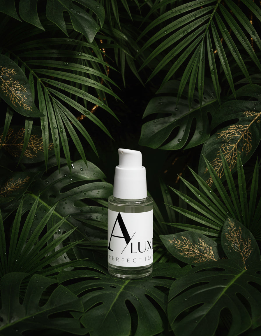 Skincare bottle labeled 'Alum' on a brown background with natural wood elements.