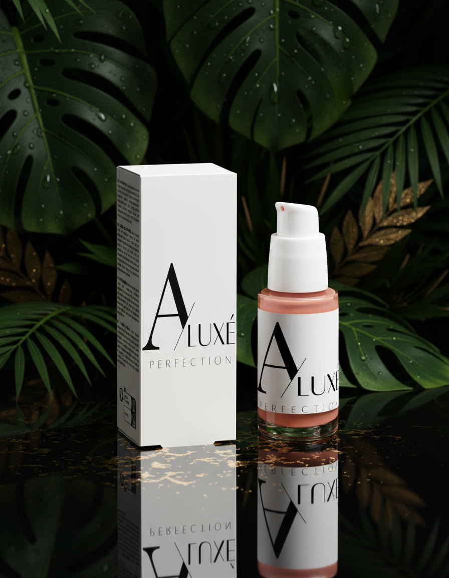 Skincare bottle with 'AluxePerfection branding on a white surface with greenery in the background

