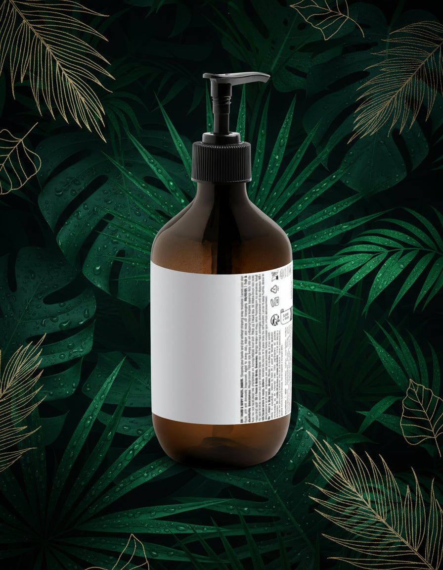 Skincare bottle with 'A'lux' branding on a white surface with greenery in the background