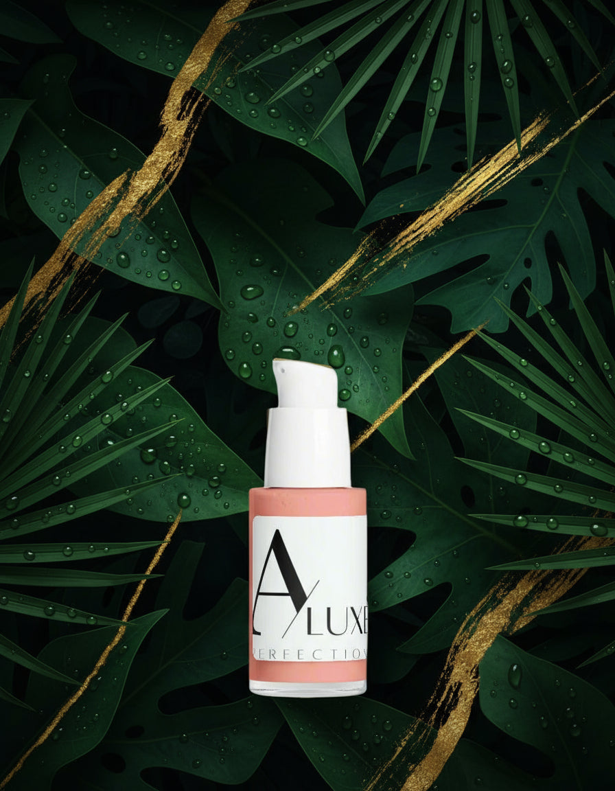 Skincare serum bottle with 'A Luxe' branding on a light gray background