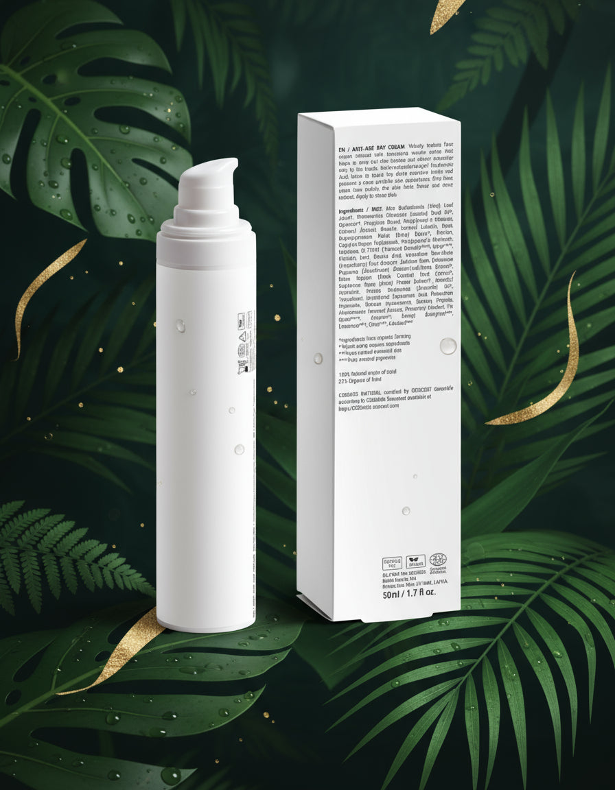 Skincare bottle with 'AluxePerfection branding on a white surface with greenery in the background