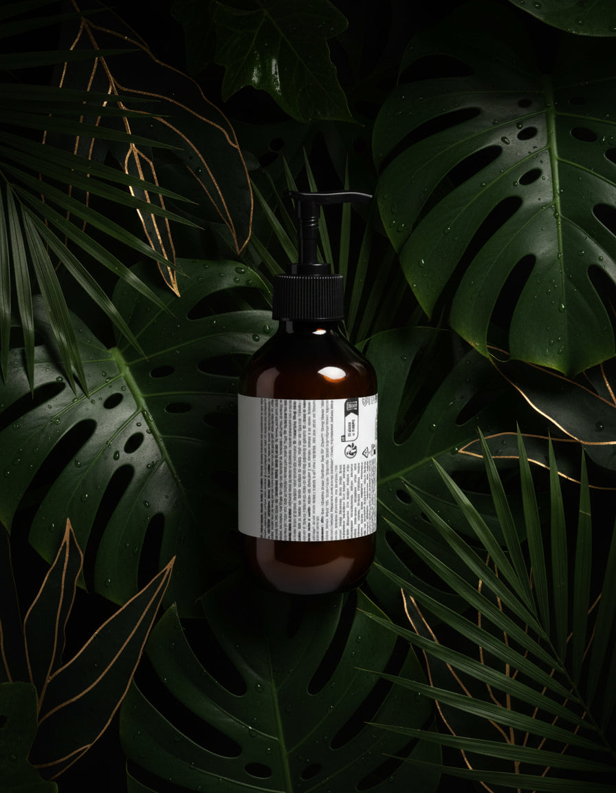 Brown bottle with pump dispenser on a dark green leafy background